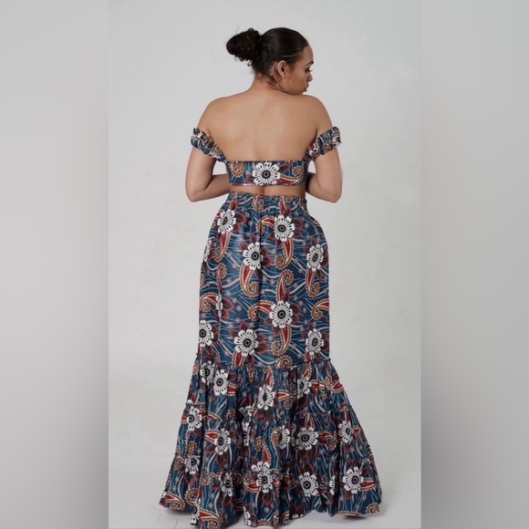 African Print Ankara Cotton Floral Print Tie Front Top and Maxi Skirt Set - Picture 9 of 13